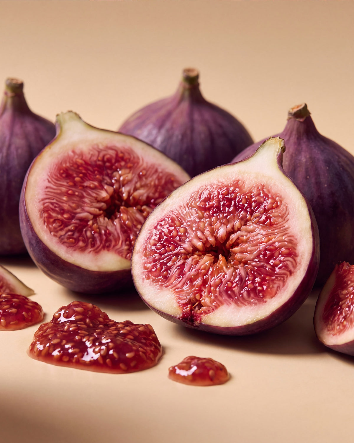 Aufgeschnittene violette Feigen mit Feigenmark auf beigem Hintergrund