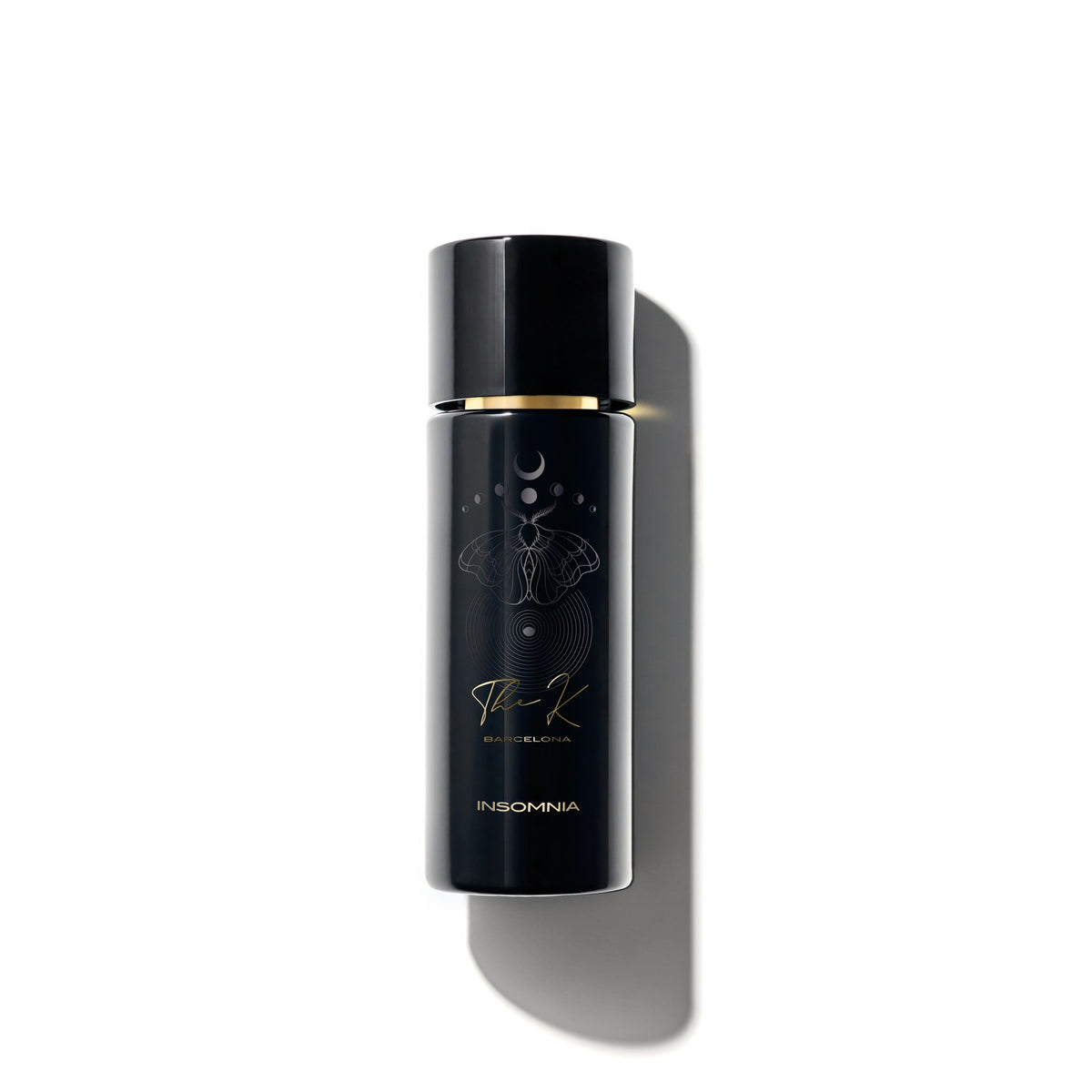 Kinetic Perfumes Insomnia Extrait de Parfum 100 ml – Rückseite des schwarzen Flakons mit goldener Motten- und Mond-Grafik