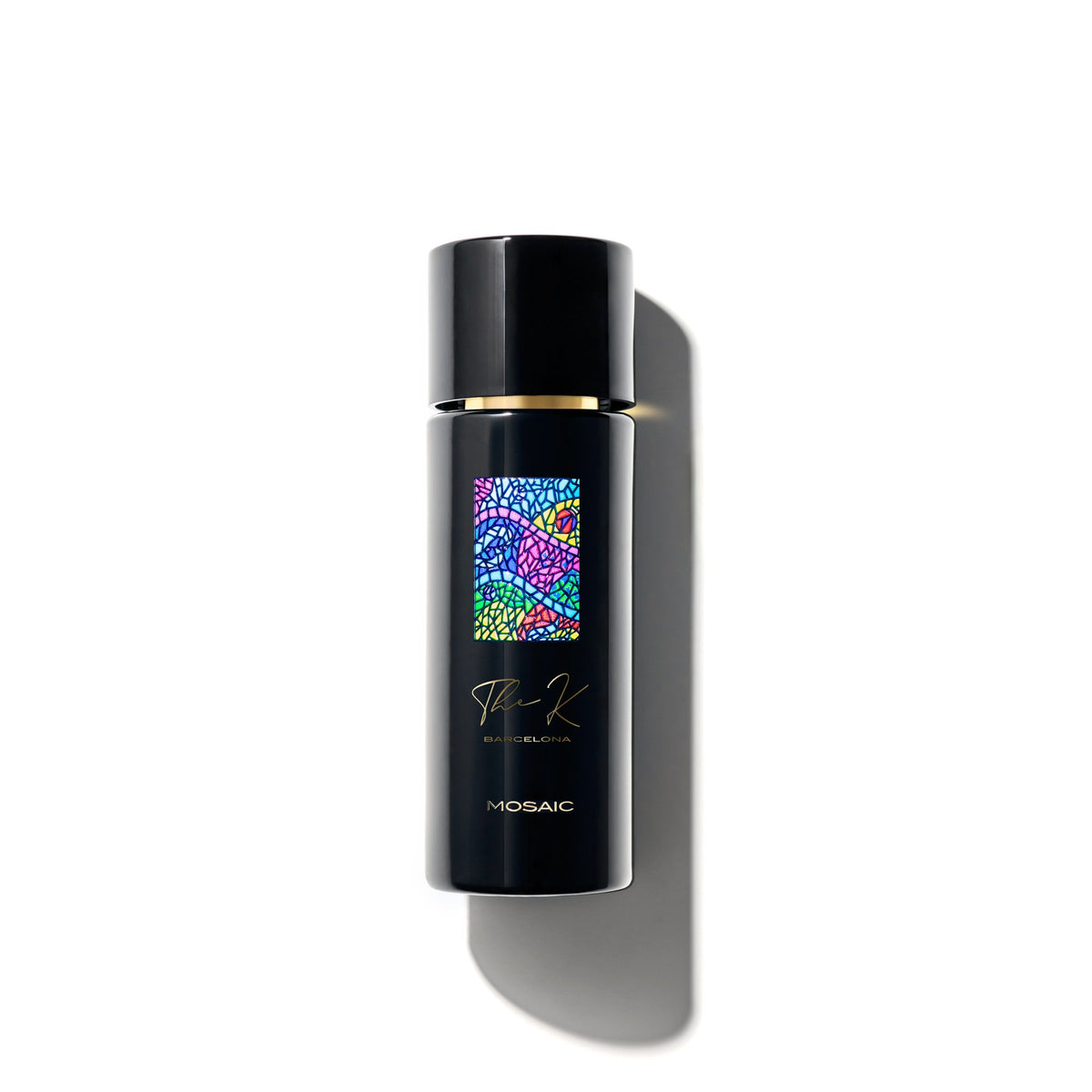 Kinetic Perfumes Mosaic Extrait de Parfum 100 ml – Rückseite des schwarzen Flakons mit farbigem Mosaik-Etikett