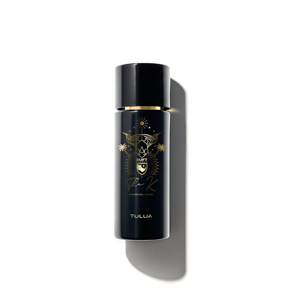 Kinetic Perfumes Tulua Extrait de Parfum 100 ml – Rückseite des schwarzen Flakons mit goldener Emblem-Grafik