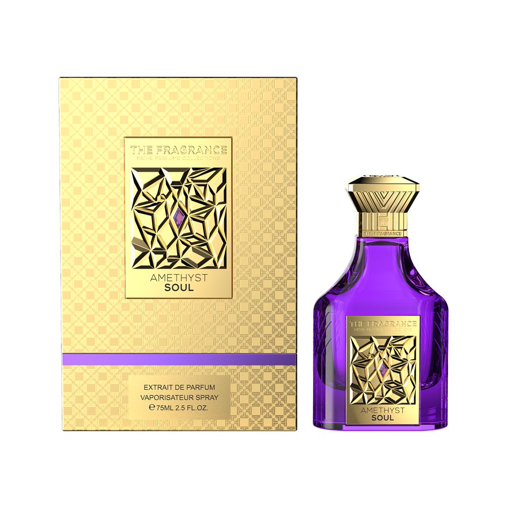 The Fragrance Amethyst Soul Extrait de Parfum 75 ml – violetter Flakon rechts neben frontaler goldener Box mit violettem Streifen
