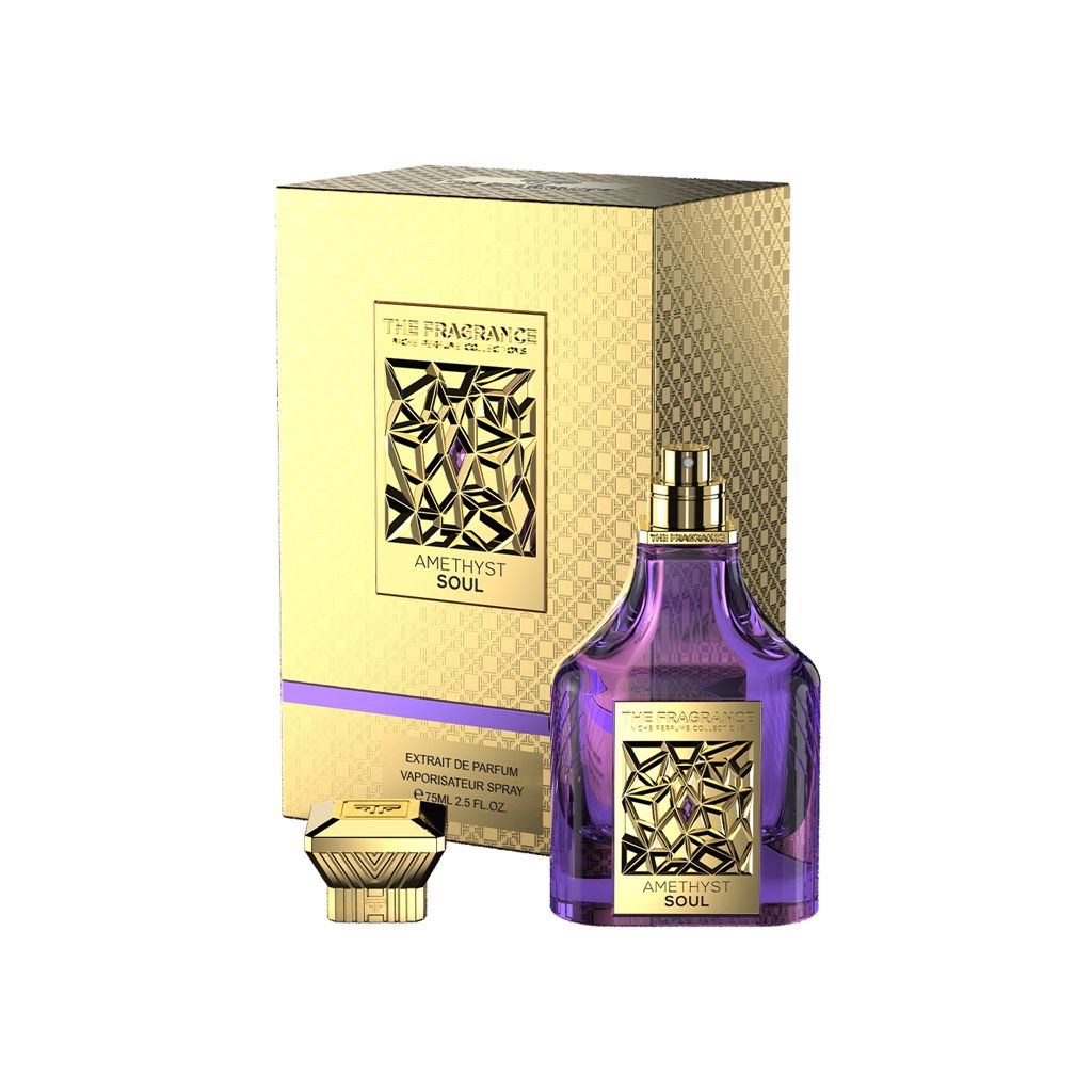 The Fragrance Amethyst Soul Extrait de Parfum 75 ml – violetter Flakon ohne Kappe, goldener Deckel vor Geschenkbox