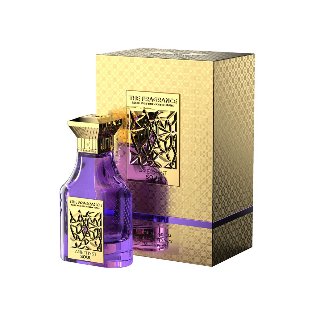 The Fragrance Amethyst Soul Extrait de Parfum 75 ml – violetter Flakon vor goldener Geschenkbox mit violettem Streifen