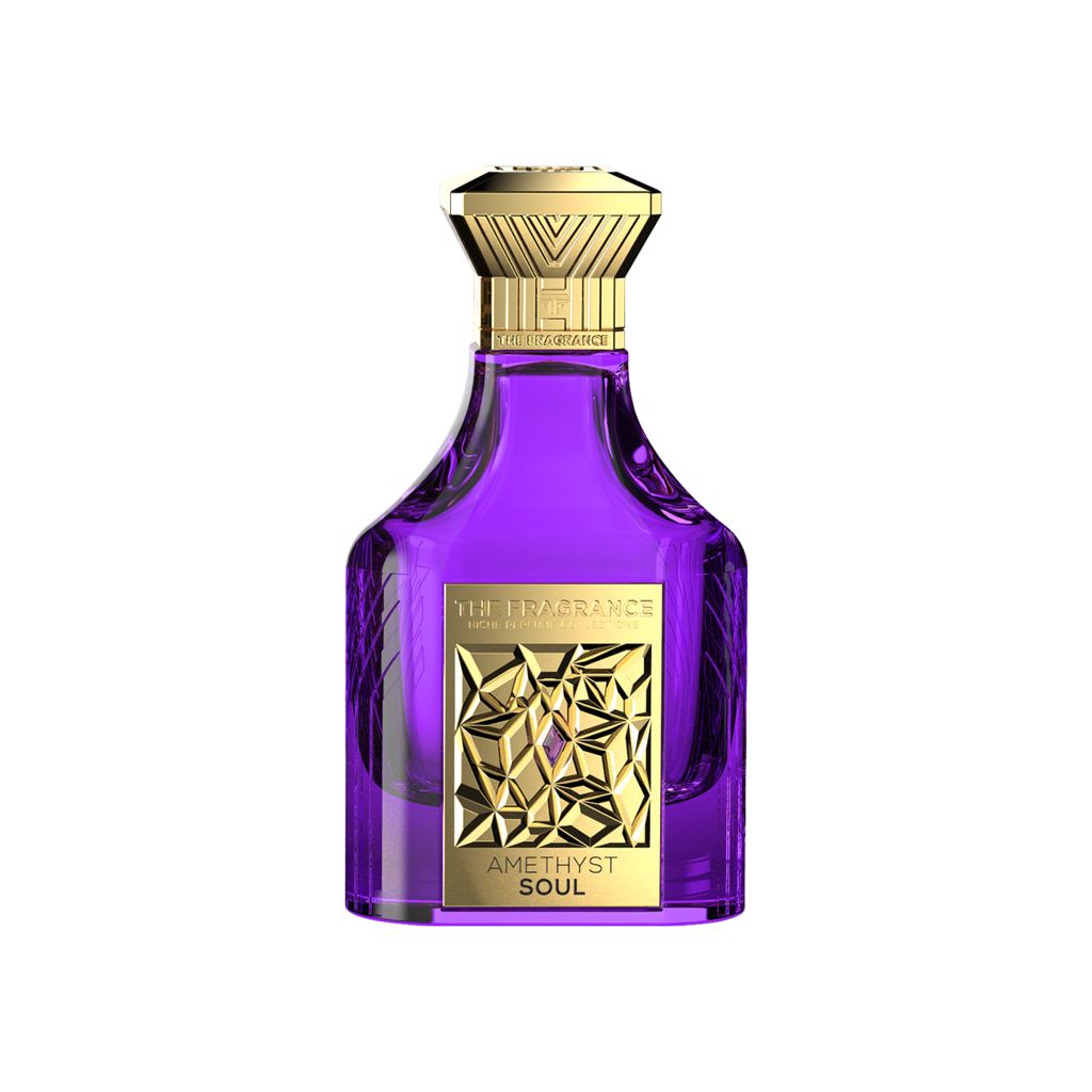 The Fragrance Amethyst Soul Extrait de Parfum 75 ml – violetter Flakon mit goldener Plakette auf weissem Hintergrund