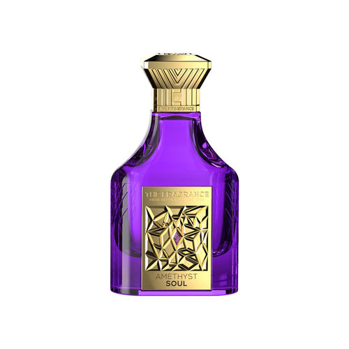 The Fragrance Amethyst Soul Extrait de Parfum 75 ml – violetter Flakon mit goldener Plakette auf weissem Hintergrund