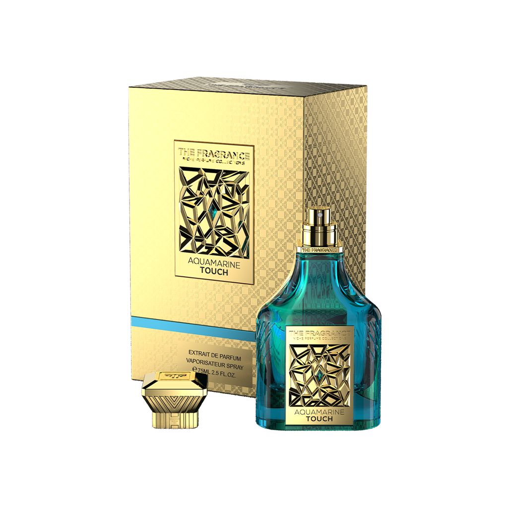 The Fragrance Aquamarine Touch Extrait de Parfum 75 ml – türkisfarbener Flakon ohne Kappe, goldener Deckel vor Geschenkbox