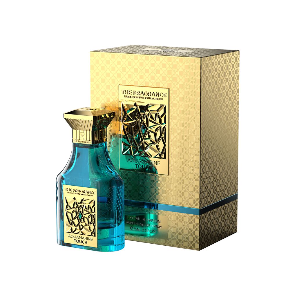 The Fragrance Aquamarine Touch Extrait de Parfum 75 ml – türkisfarbener Flakon vor goldener Geschenkbox mit türkisem Streifen