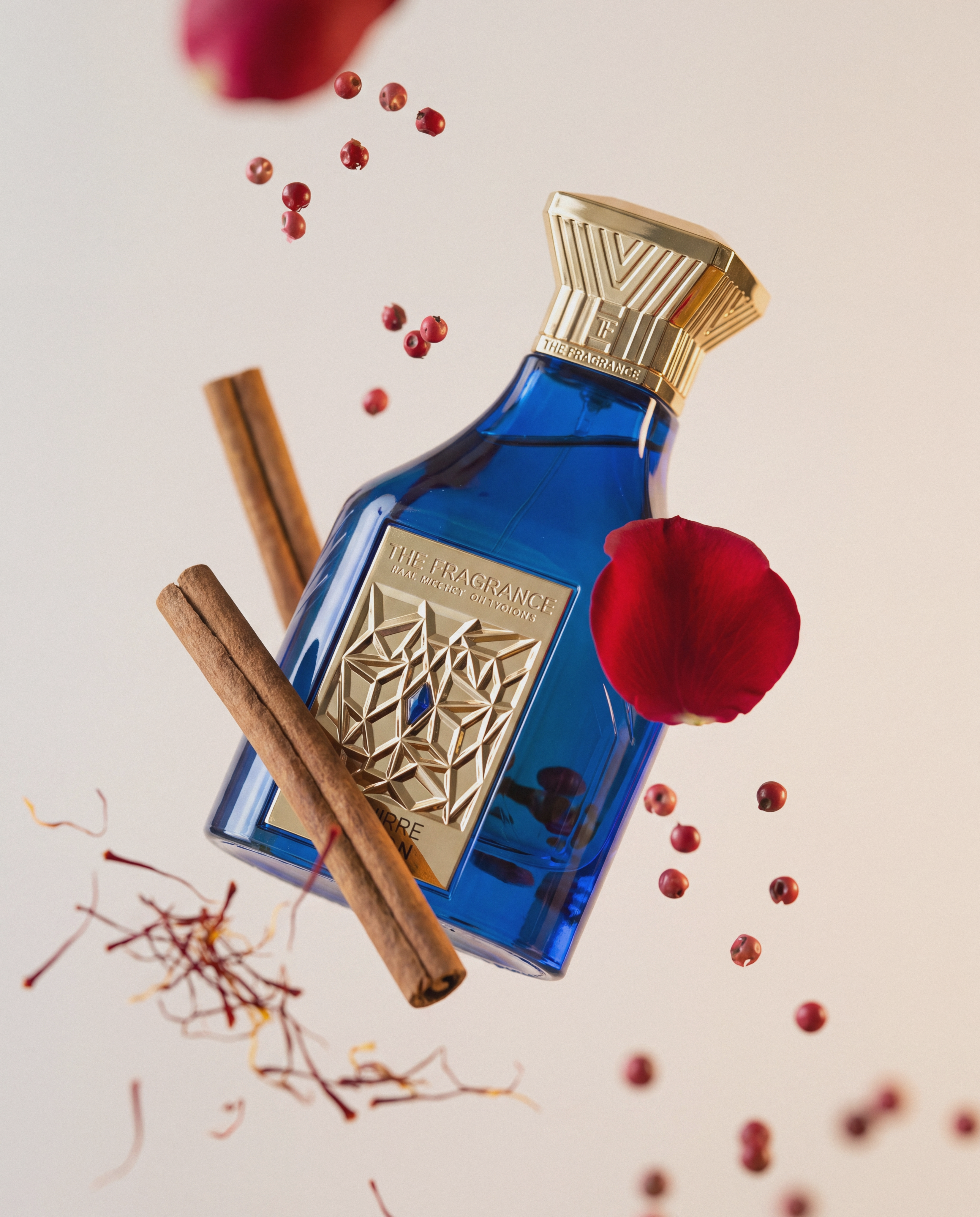 The Fragrance – flacon bleu avec bâtons de cannelle, filaments de safran et pétale de rose