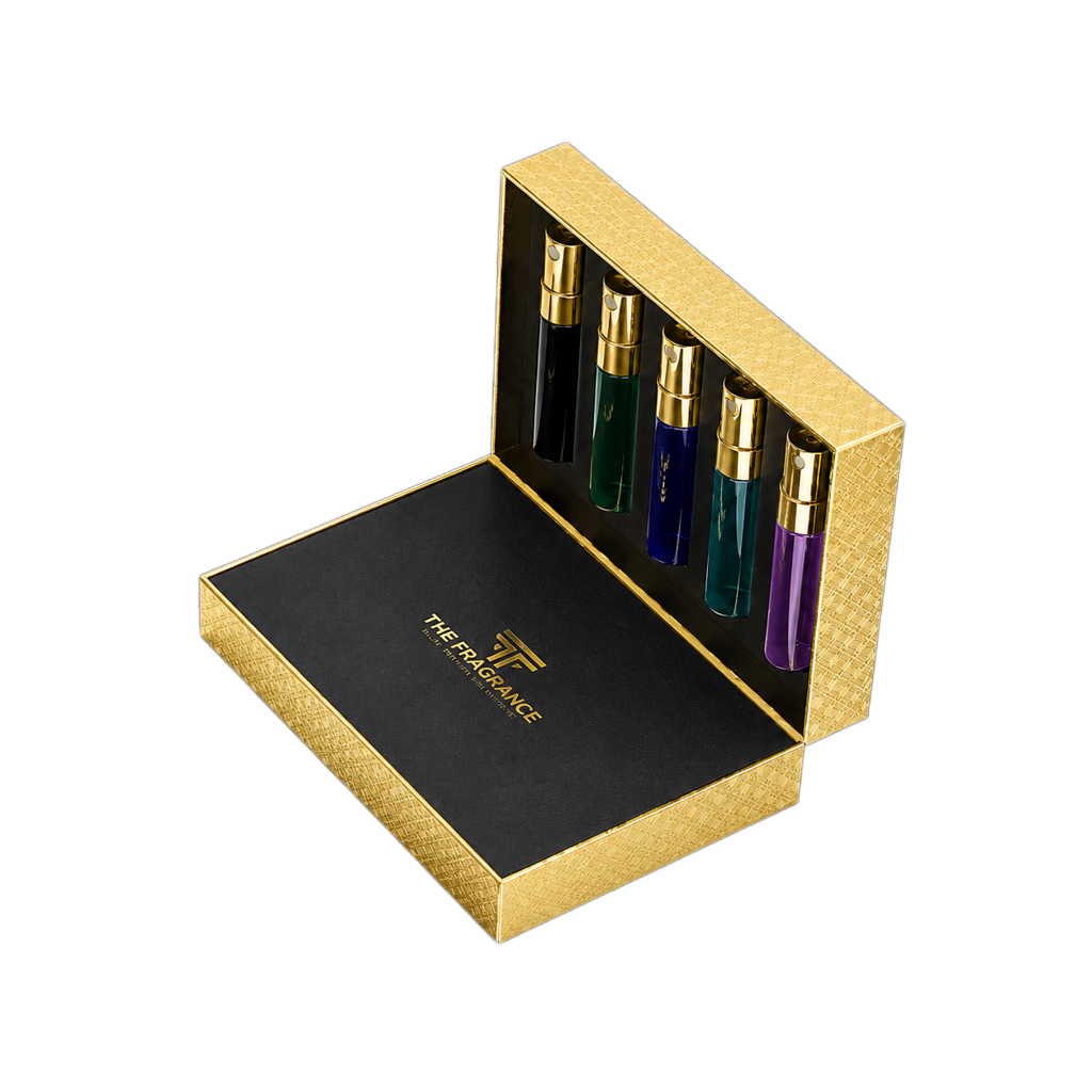 The Fragrance Discovery Set 10 × 5 ml – Probierfläschchen in Schwarz, Grün, Blau, Türkis, Violett in geöffneter goldener Box