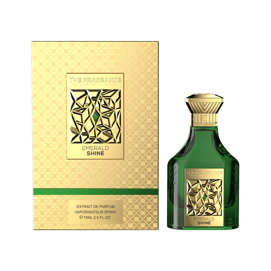 The Fragrance Emerald Shine Extrait de Parfum 75 ml – grüner Flakon rechts neben frontaler goldener Box mit grünem Streifen