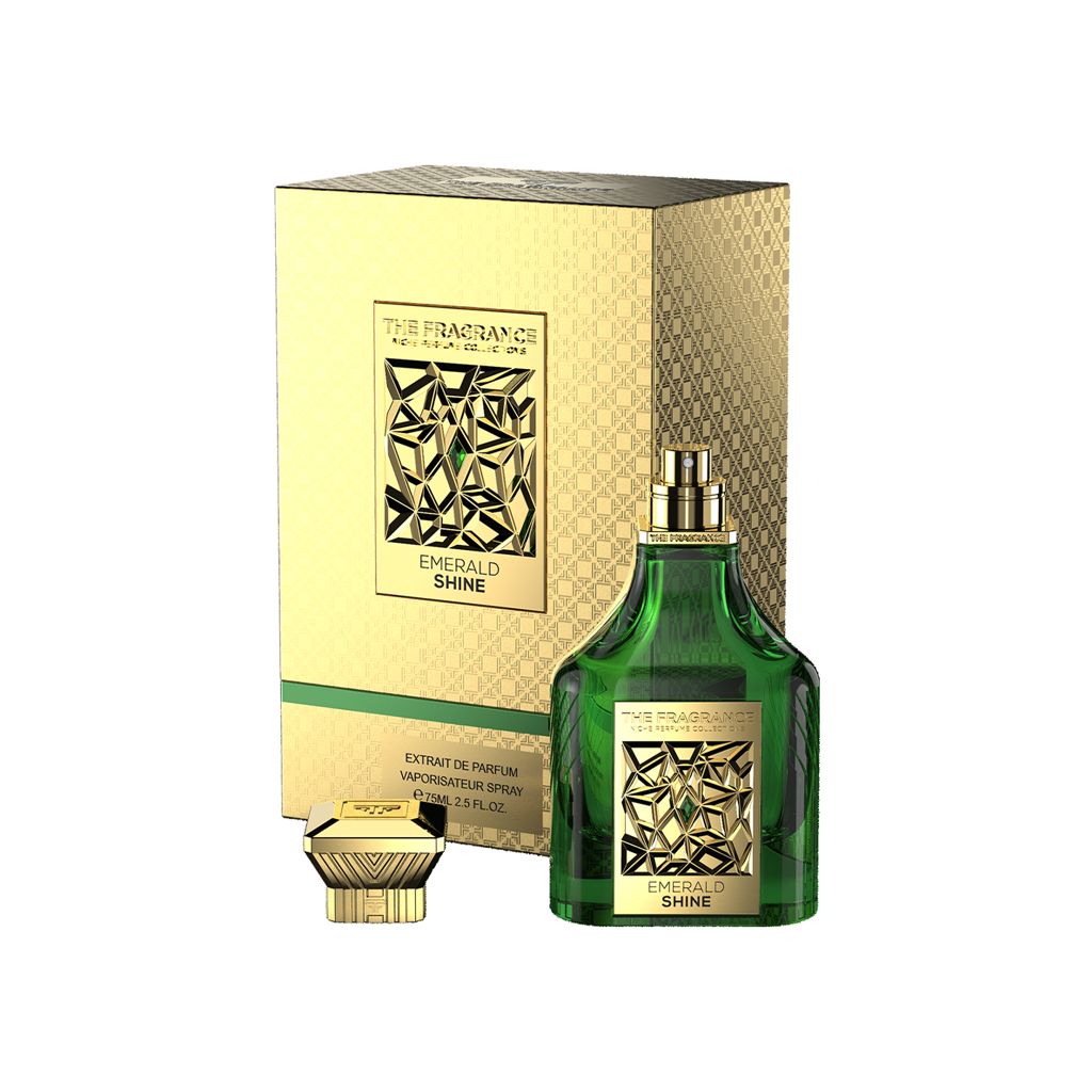 The Fragrance Emerald Shine Extrait de Parfum 75 ml – grüner Flakon ohne Kappe, goldener Deckel vor Geschenkbox