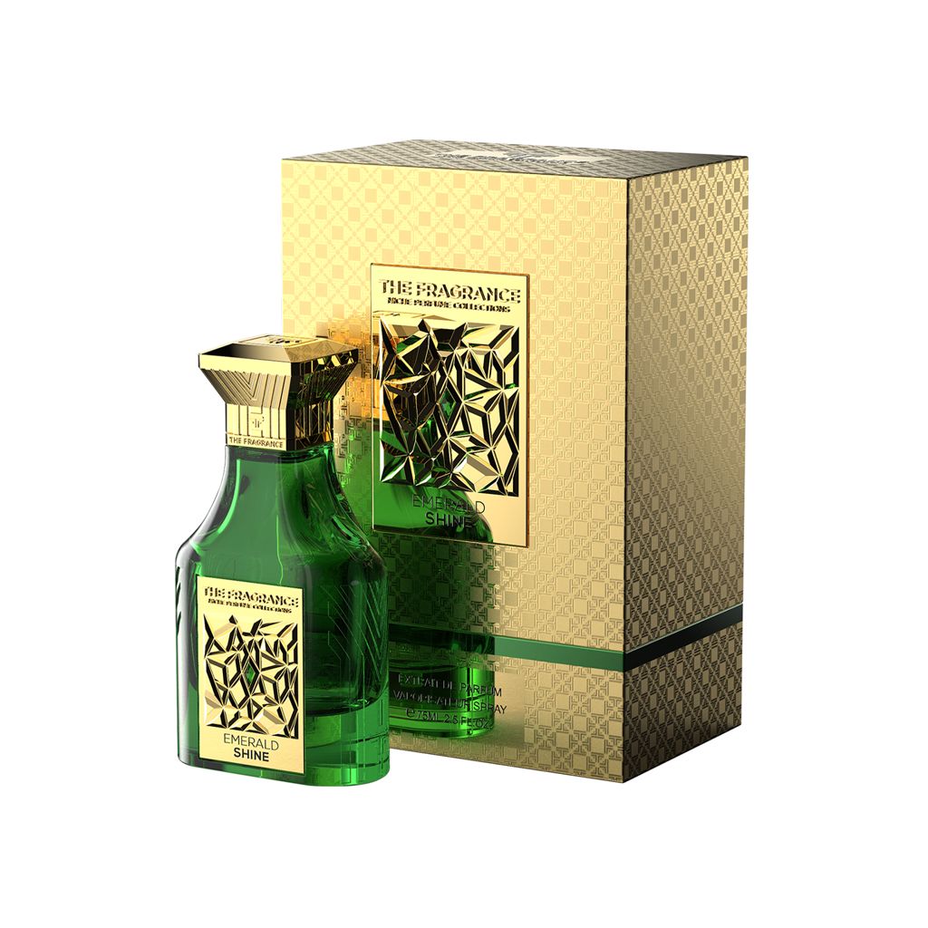 The Fragrance Emerald Shine Extrait de Parfum 75 ml – grüner Flakon vor goldener Geschenkbox mit grünem Streifen