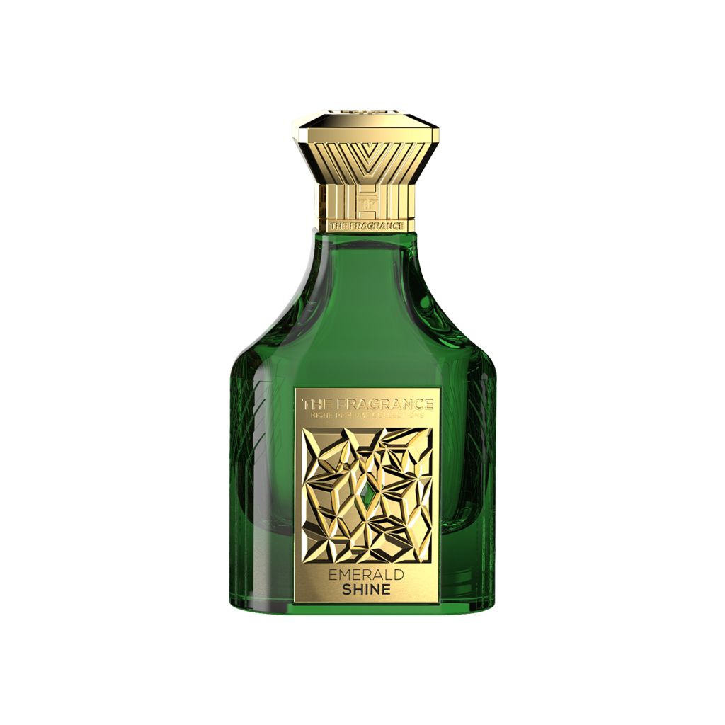 The Fragrance Emerald Shine Extrait de Parfum 75 ml – grüner Flakon mit goldener Plakette auf weissem Hintergrund