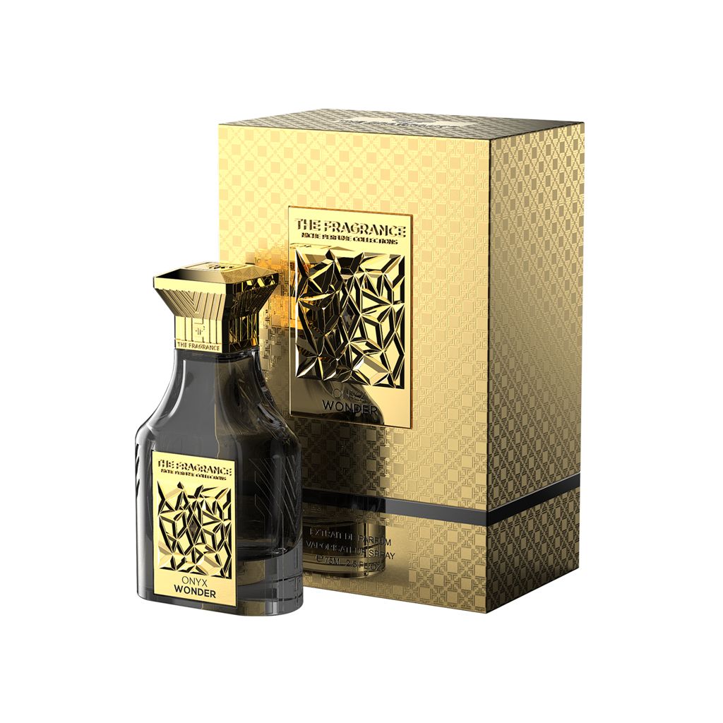 The Fragrance Onyx Wonder Extrait de Parfum 75 ml – schwarzer Flakon vor goldener Geschenkbox mit schwarzem Streifen