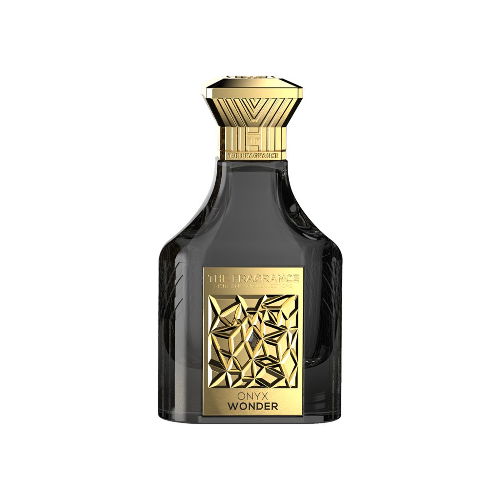The Fragrance Onyx Wonder Extrait de Parfum 75 ml – schwarzer Flakon mit goldener Plakette auf weissem Hintergrund