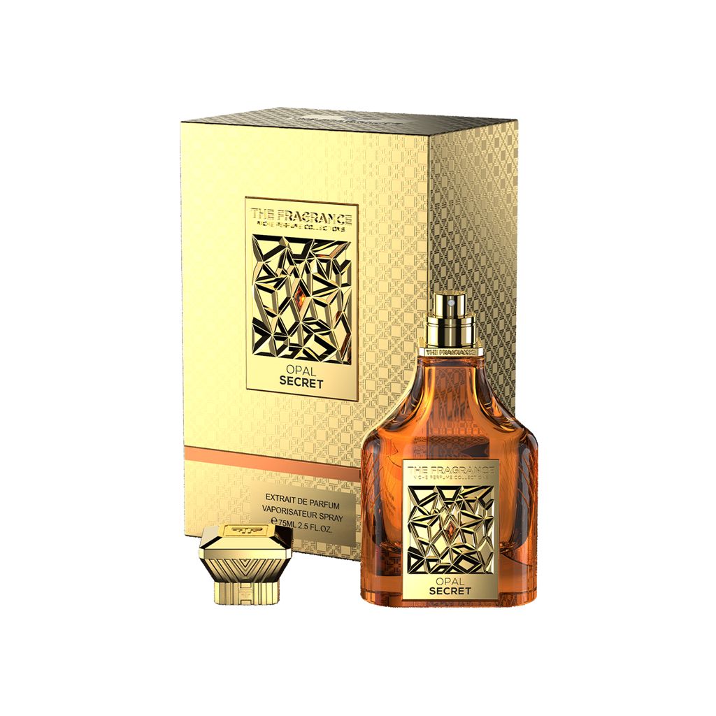 The Fragrance Opal Secret Extrait de Parfum 75 ml – bernsteinfarbener Flakon ohne Kappe, goldener Deckel vor Geschenkbox