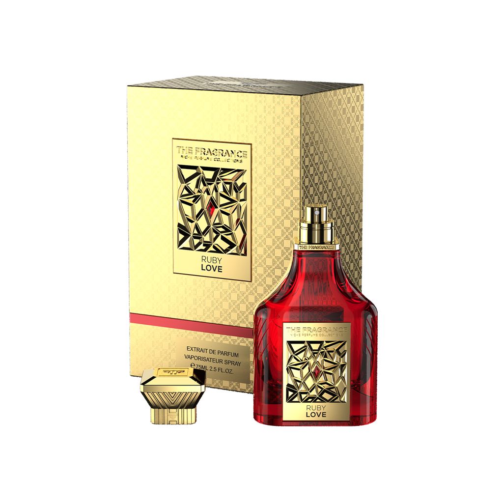 The Fragrance Ruby Love Extrait de Parfum 75 ml – roter Flakon ohne Kappe, goldener Deckel vor Geschenkbox