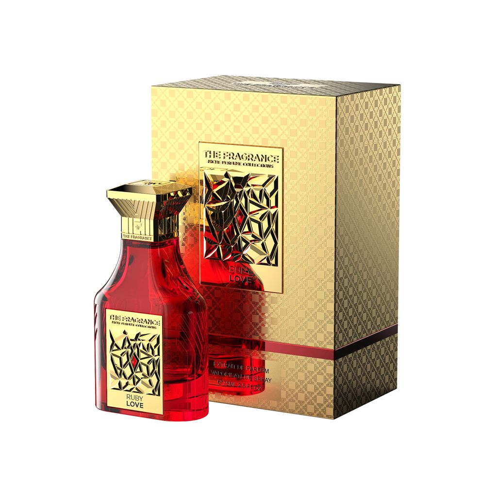 The Fragrance Ruby Love Extrait de Parfum 75 ml – roter Flakon vor goldener Geschenkbox mit rotem Streifen