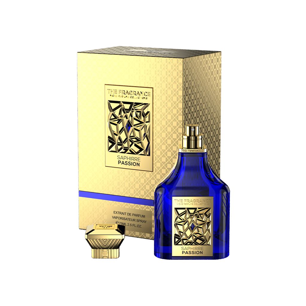 The Fragrance Sapphire Passion Extrait de Parfum 75 ml – dunkelblauer Flakon ohne Kappe, goldener Deckel vor Geschenkbox