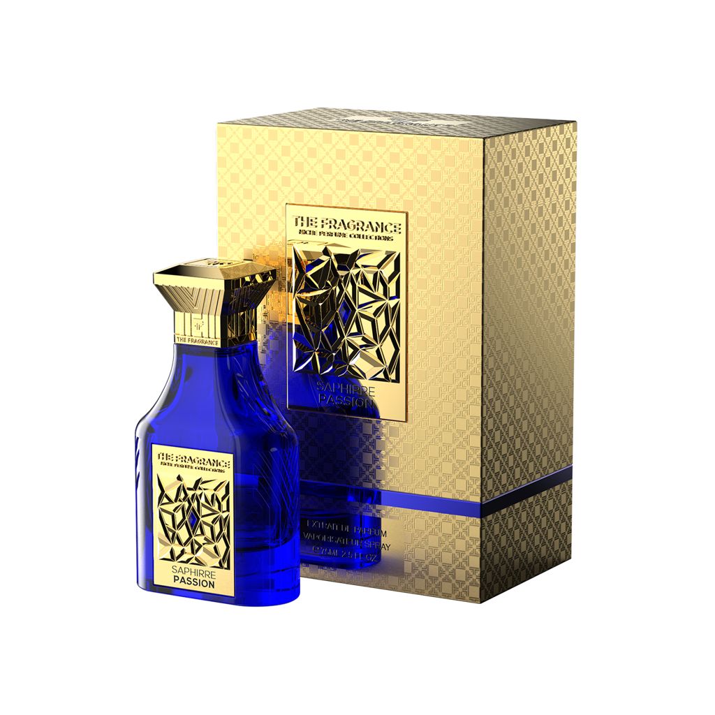 The Fragrance Sapphire Passion Extrait de Parfum 75 ml – dunkelblauer Flakon vor goldener Geschenkbox mit blauem Streifen