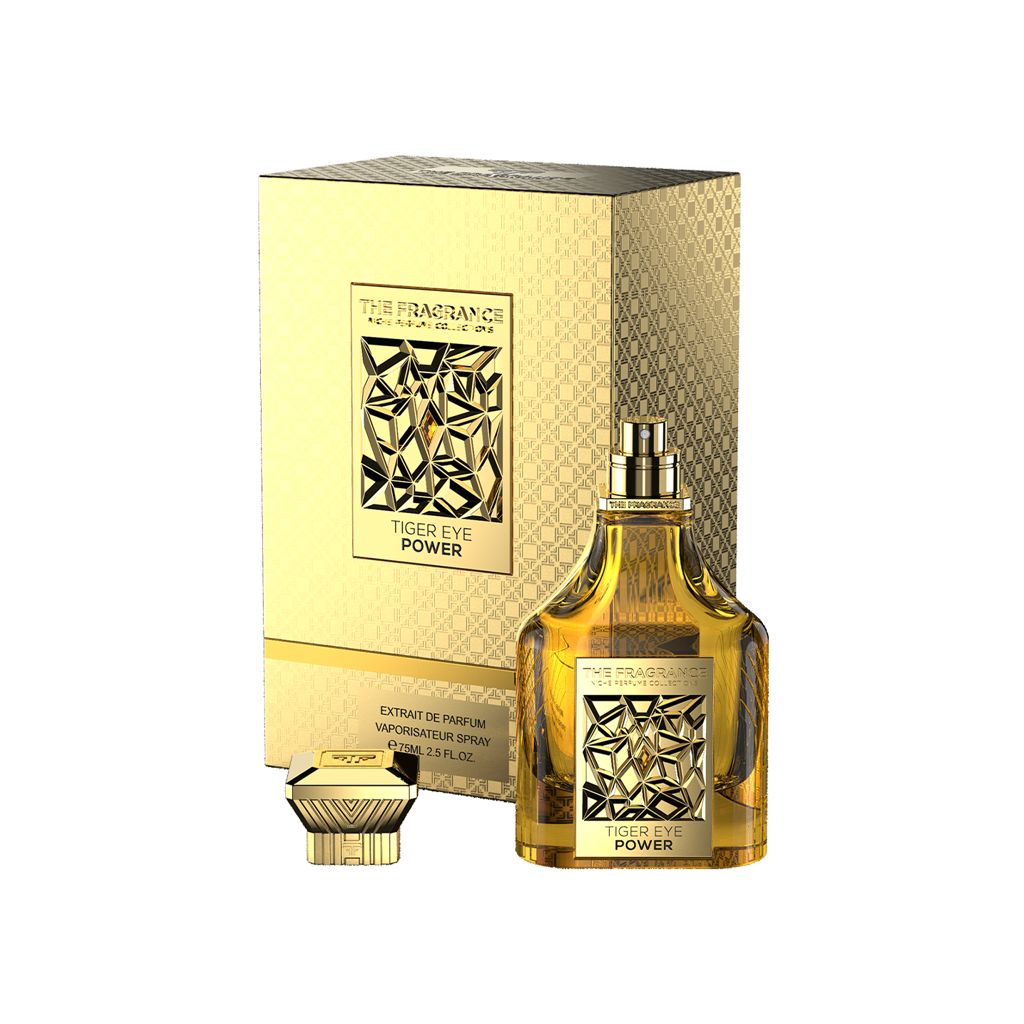 The Fragrance Tiger Eye Power Extrait de Parfum 75 ml – goldgelber Flakon ohne Kappe, goldener Deckel vor Geschenkbox