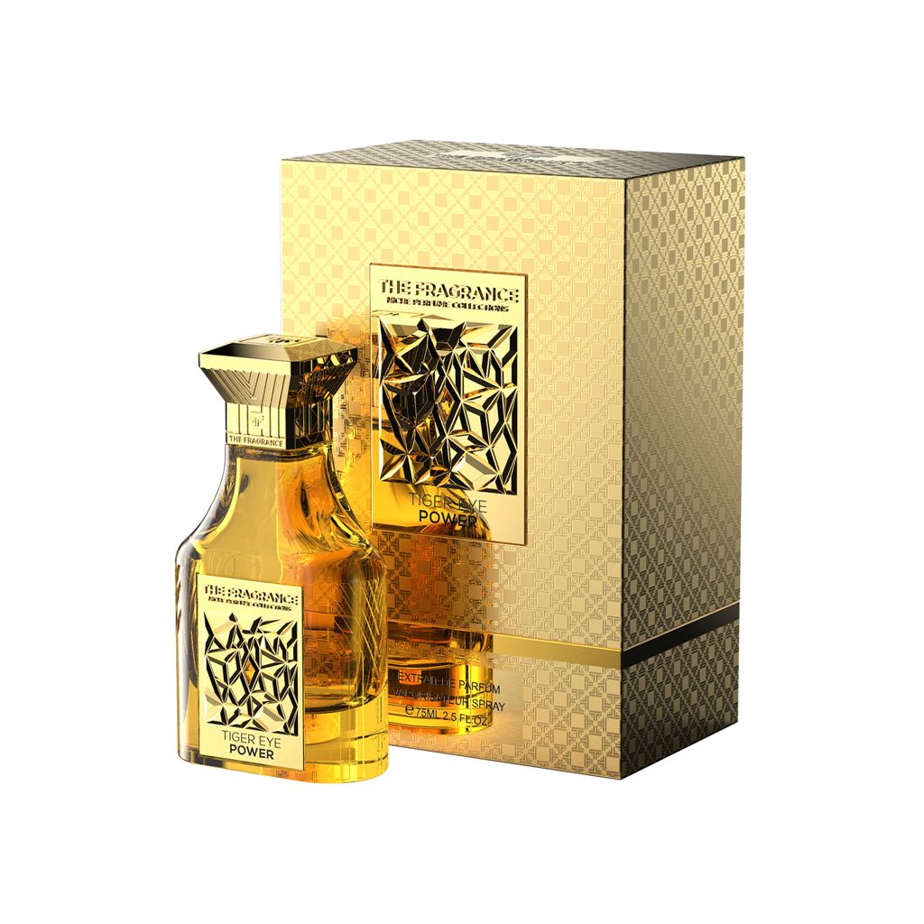 The Fragrance Tiger Eye Power Extrait de Parfum 75 ml – goldgelber Flakon vor goldener Geschenkbox mit goldenem Streifen