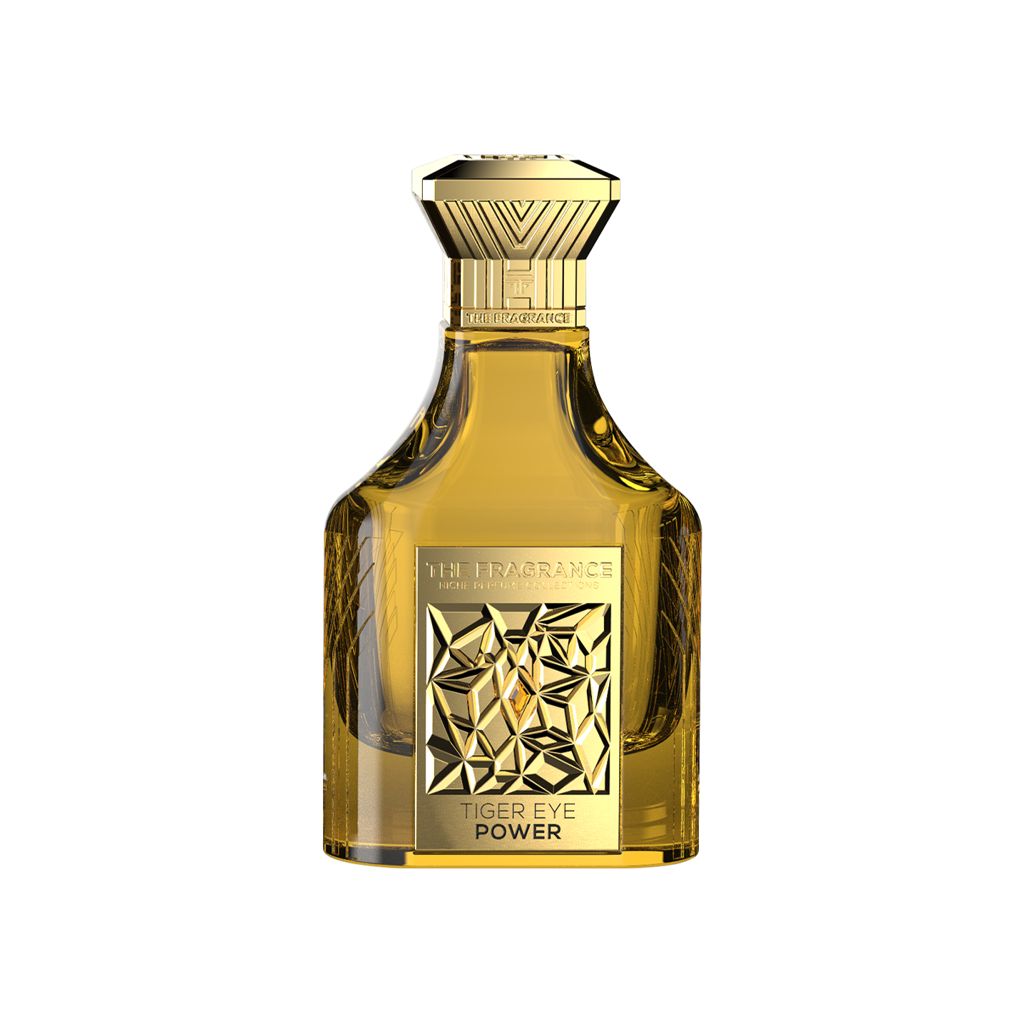 The Fragrance Tiger Eye Power Extrait de Parfum 75 ml – goldgelber Flakon mit goldener Plakette auf weissem Hintergrund
