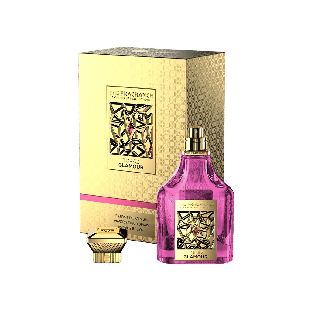 The Fragrance Topaz Glamour Extrait de Parfum 75 ml – pinker Flakon ohne Kappe, goldener Deckel vor Geschenkbox
