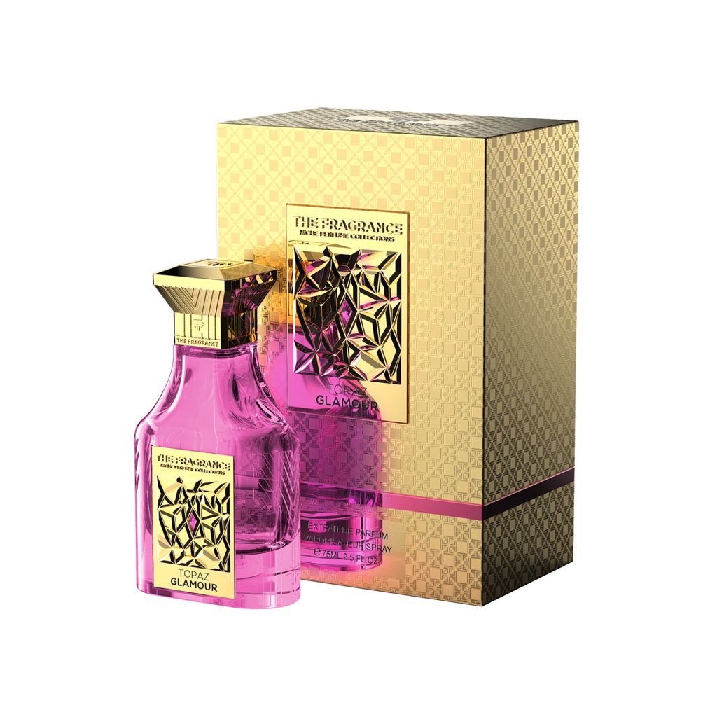 The Fragrance Topaz Glamour Extrait de Parfum 75 ml – pinker Flakon vor goldener Geschenkbox mit pinkem Streifen