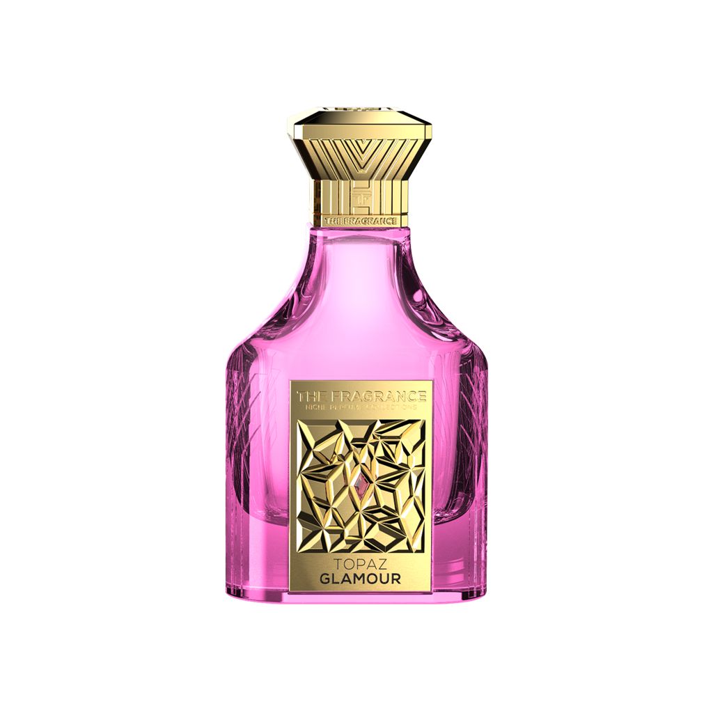 The Fragrance Topaz Glamour Extrait de Parfum 75 ml – pinker Flakon mit goldener Plakette auf weissem Hintergrund