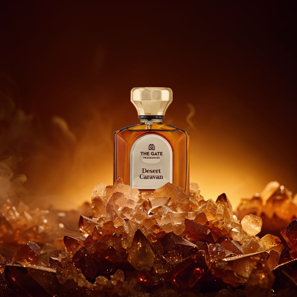 The Gate Desert Caravan Extrait de Parfum 100 ml – bernsteinfarbener Flakon auf Bernsteinkristallen vor dunklem Hintergrund mit Rauch
