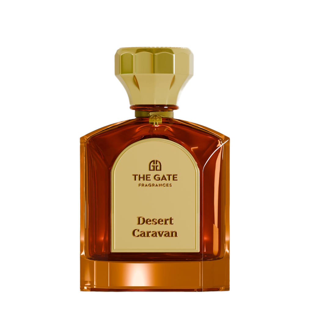 The Gate Desert Caravan Extrait de Parfum 100 ml – bernsteinfarbener Flakon mit goldenem Etikett und brauner Schrift auf Weiss