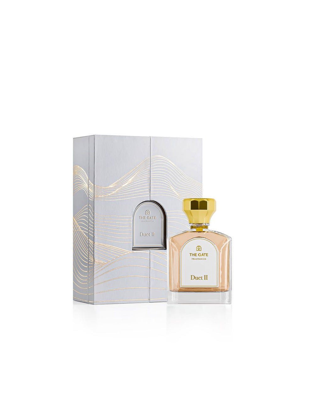 The Gate Duet II Extrait de Parfum 100 ml – pfirsichfarbener Flakon neben silberner Geschenkbox mit goldenen Wellenlinien