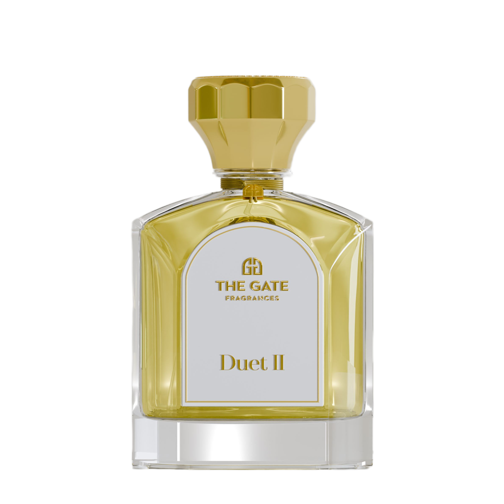 The Gate Duet II Extrait de Parfum 100 ml – hellgoldener Flakon mit goldener Kappe und cremefarbenem Etikett auf weissem Hintergrund