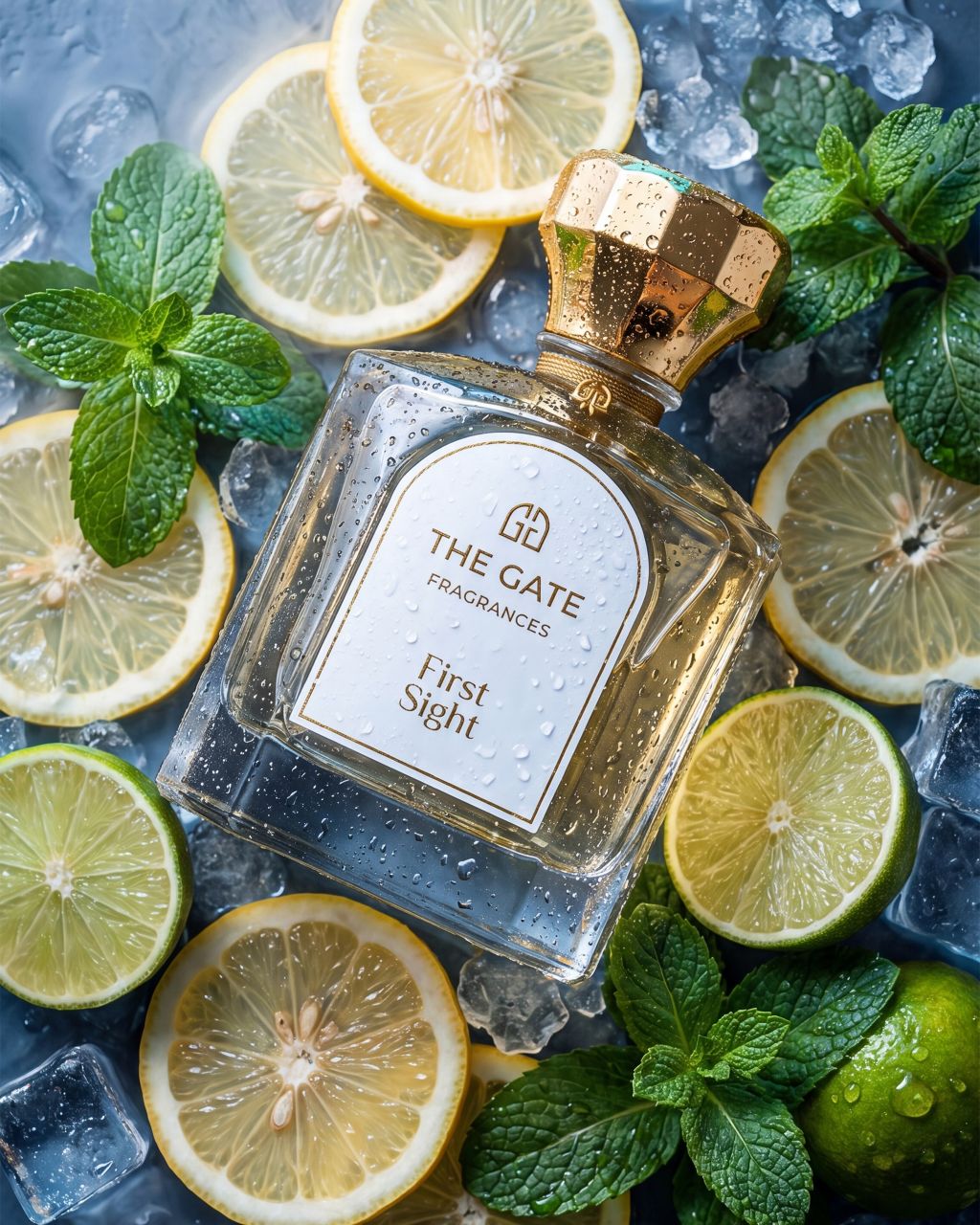 The Gate First Sight Extrait de Parfum 100 ml – hellgoldener Flakon von oben mit Zitronen, Limetten, Minze und Eis