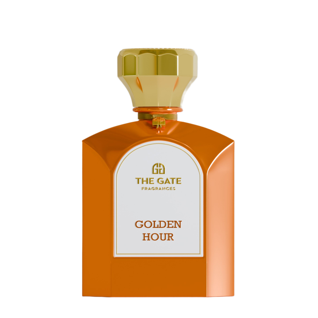 The Gate Golden Hour Extrait de Parfum 100 ml – oranger Flakon mit goldener Kappe und weissem Etikett, freigestellt auf Weiss