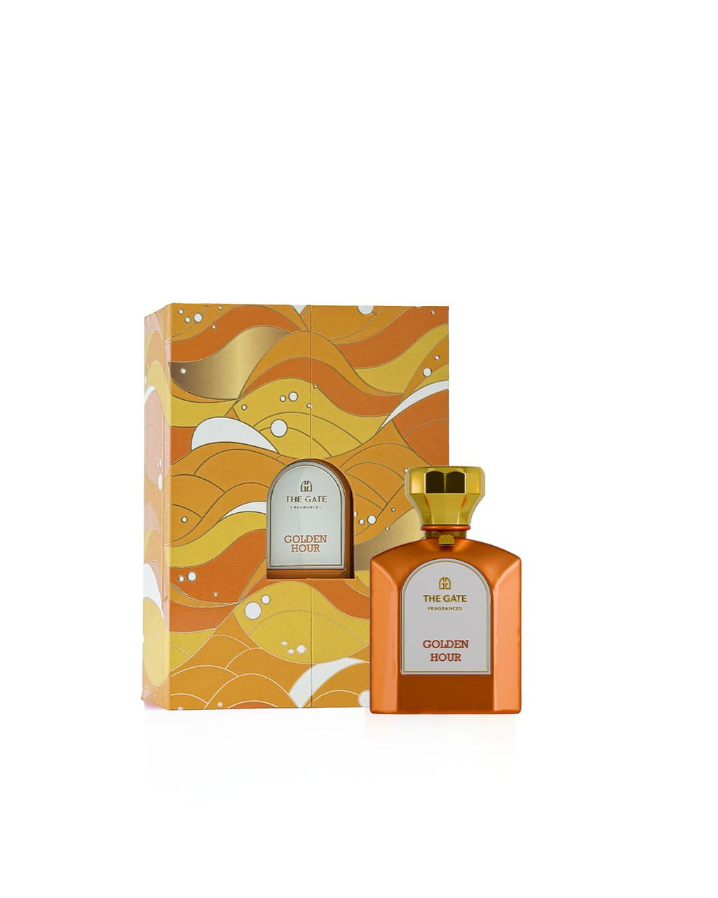 The Gate Golden Hour Extrait de Parfum 100 ml – oranger Flakon neben Geschenkbox mit orange-gelbem Wellenmuster