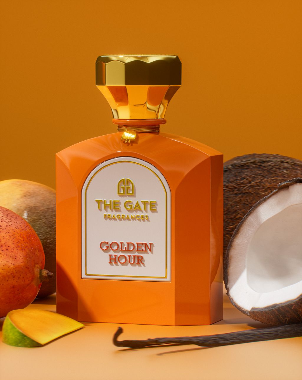 The Gate Golden Hour Extrait de Parfum 100 ml – oranger Flakon vor orangem Hintergrund mit Mango, Kokosnuss und Vanille