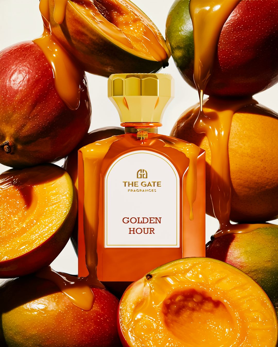 The Gate Golden Hour Extrait de Parfum 100 ml – oranger Flakon zwischen Mangos mit herabfliessendem orangem Fruchtsirup