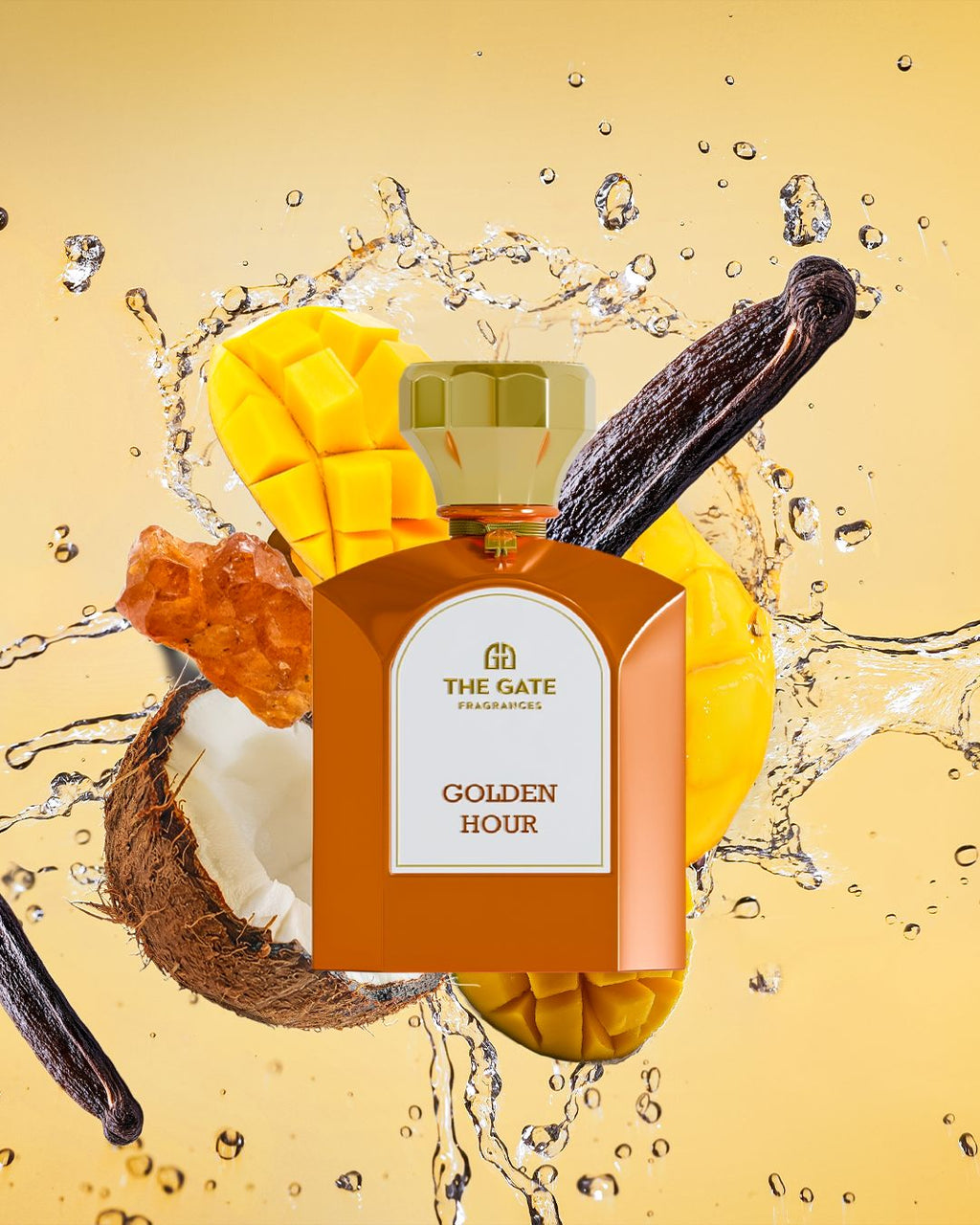 The Gate Golden Hour Extrait de Parfum 100 ml – oranger Flakon mit Mango, Kokosnuss, Vanille und Wasserspritzern