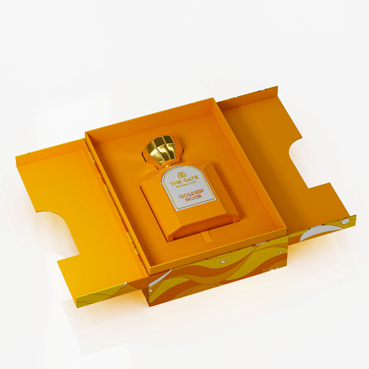 The Gate Golden Hour Extrait de Parfum 100 ml – geöffnete orange Präsentationsbox mit orangem Flakon