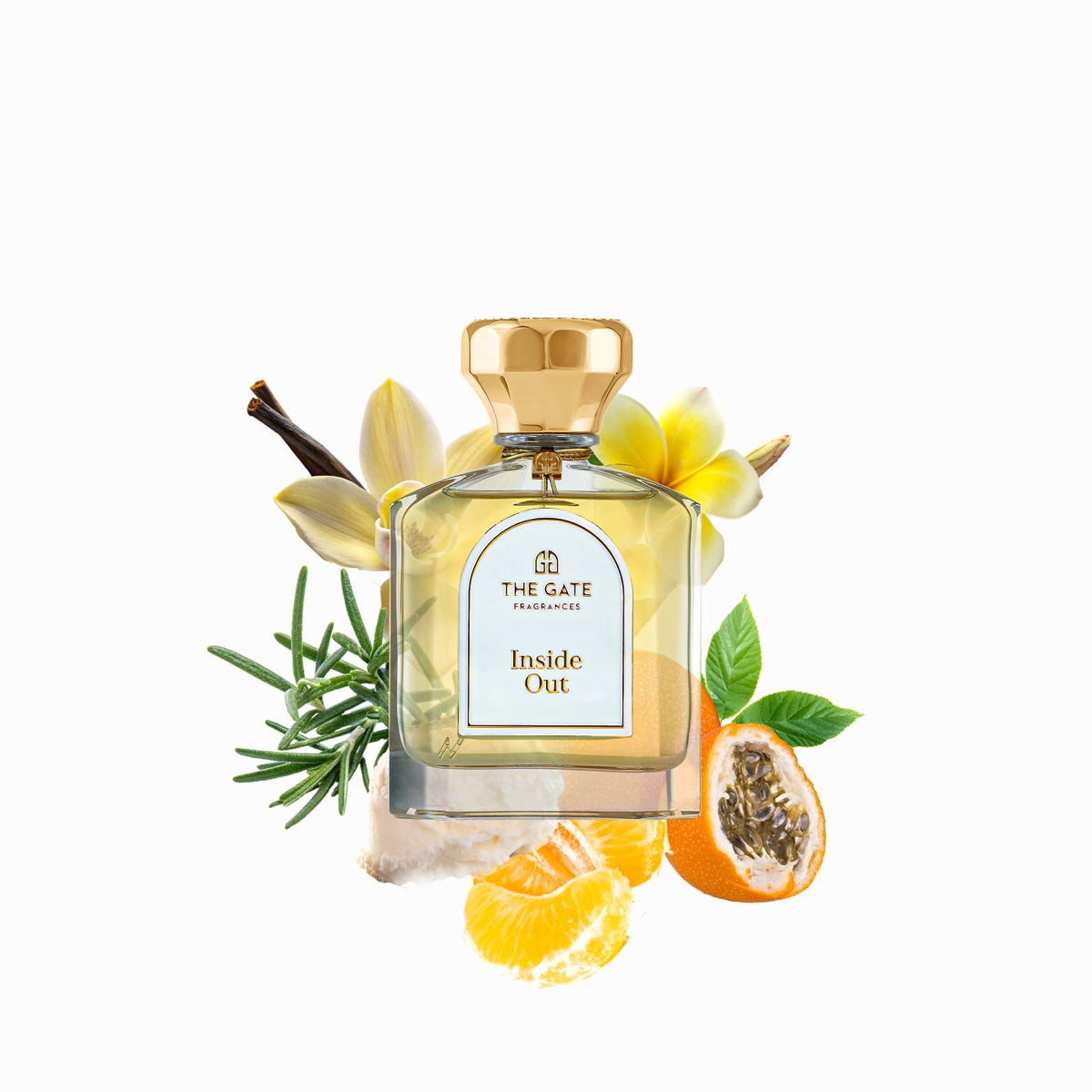 The Gate Inside Out Extrait de Parfum 100 ml – hellgoldener Flakon vor Duftnoten Vanille, Frangipani, Rosmarin und Passionsfrucht
