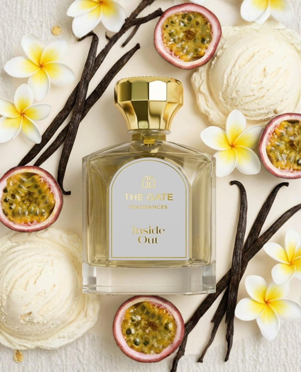 The Gate Inside Out Extrait de Parfum 100 ml – hellgoldener Flakon von oben mit Vanille, Passionsfrucht, Frangipani und Glace