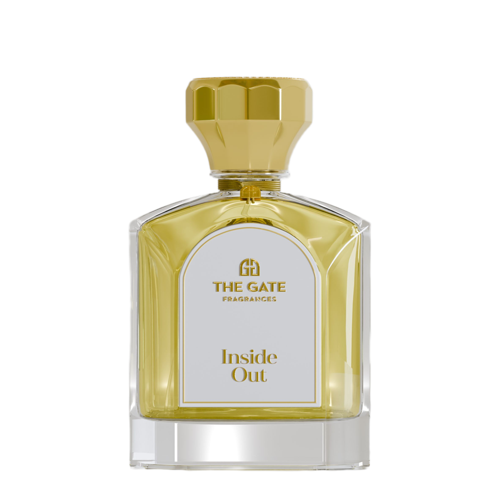 The Gate Inside Out Extrait de Parfum 100 ml – hellgoldener Flakon mit goldener Kappe und weissem Etikett, freigestellt auf Weiss
