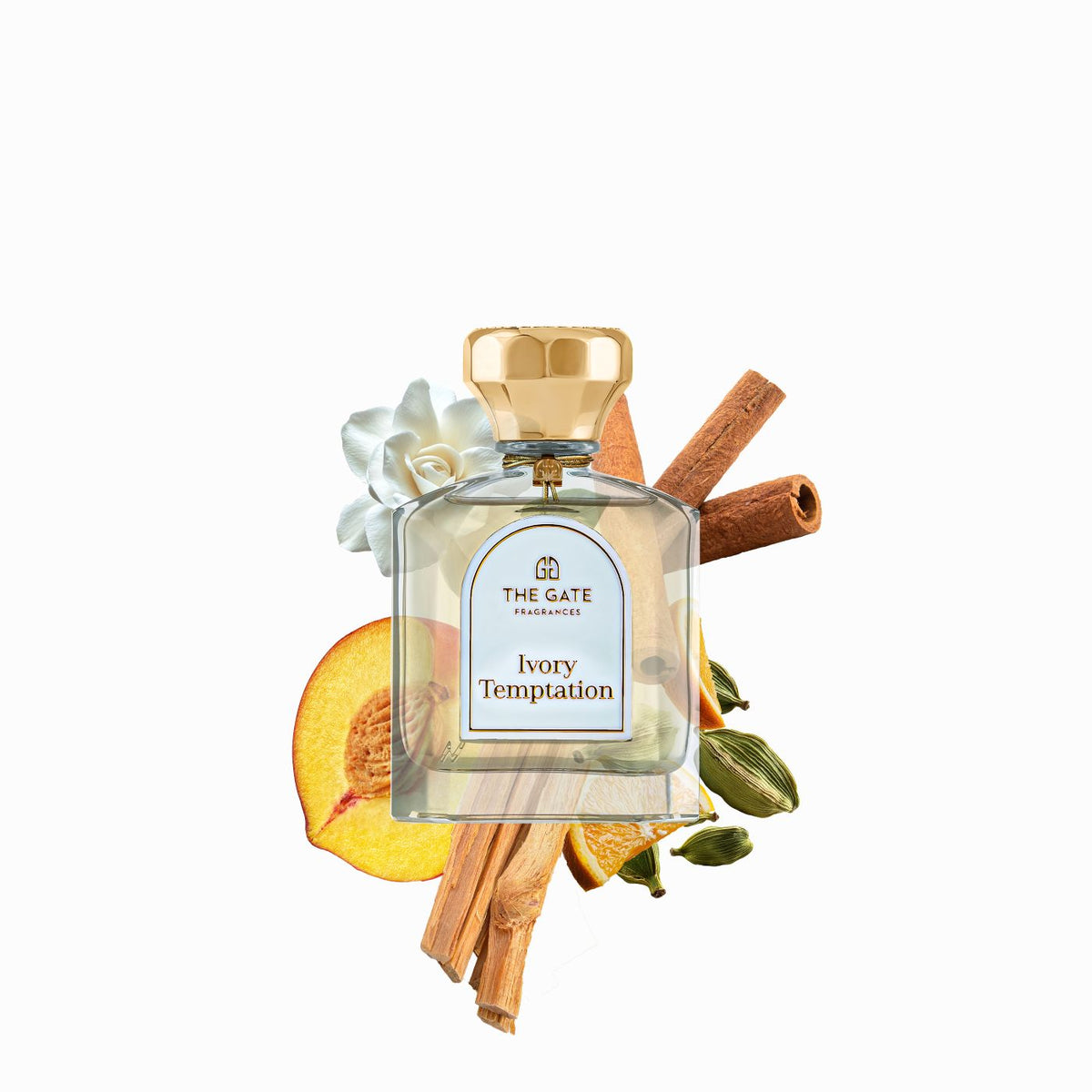 The Gate Ivory Temptation Extrait de Parfum 100 ml – hellgoldener Flakon vor Duftnoten Pfirsich, Zimt, Kardamom, Sandelholz und Gardenie