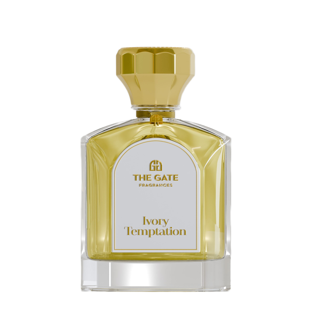 The Gate Ivory Temptation Extrait de Parfum 100 ml – hellgoldener Flakon mit goldener Kappe und weissem Etikett, freigestellt auf Weiss