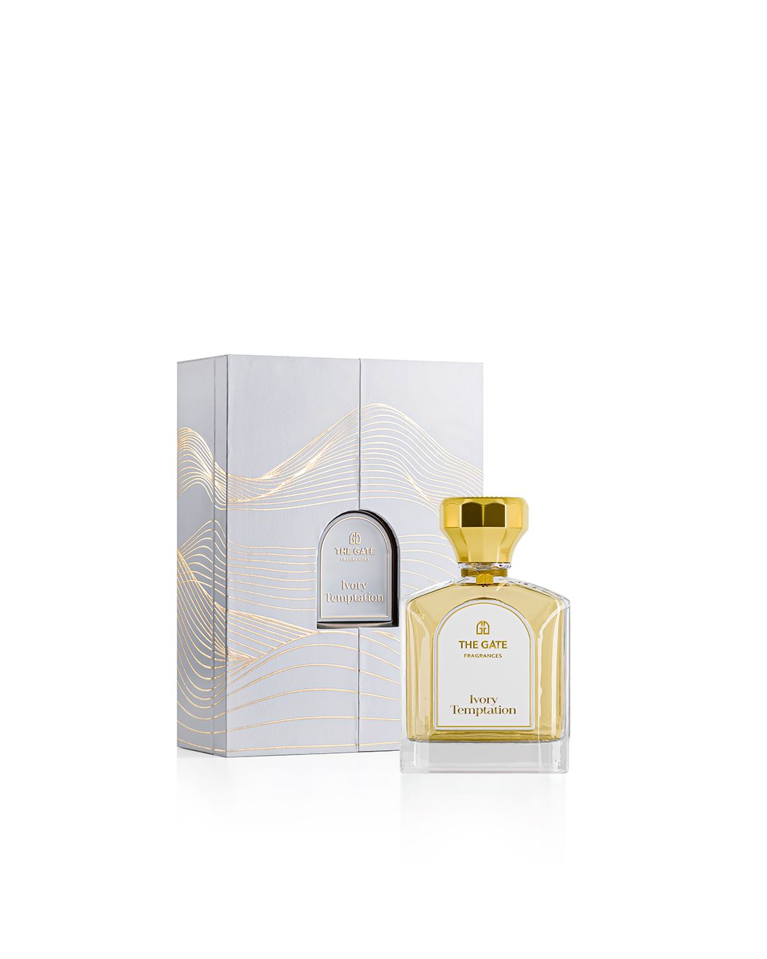 The Gate Ivory Temptation Extrait de Parfum 100 ml – hellgoldener Flakon neben silberner Geschenkbox mit goldenen Wellenlinien
