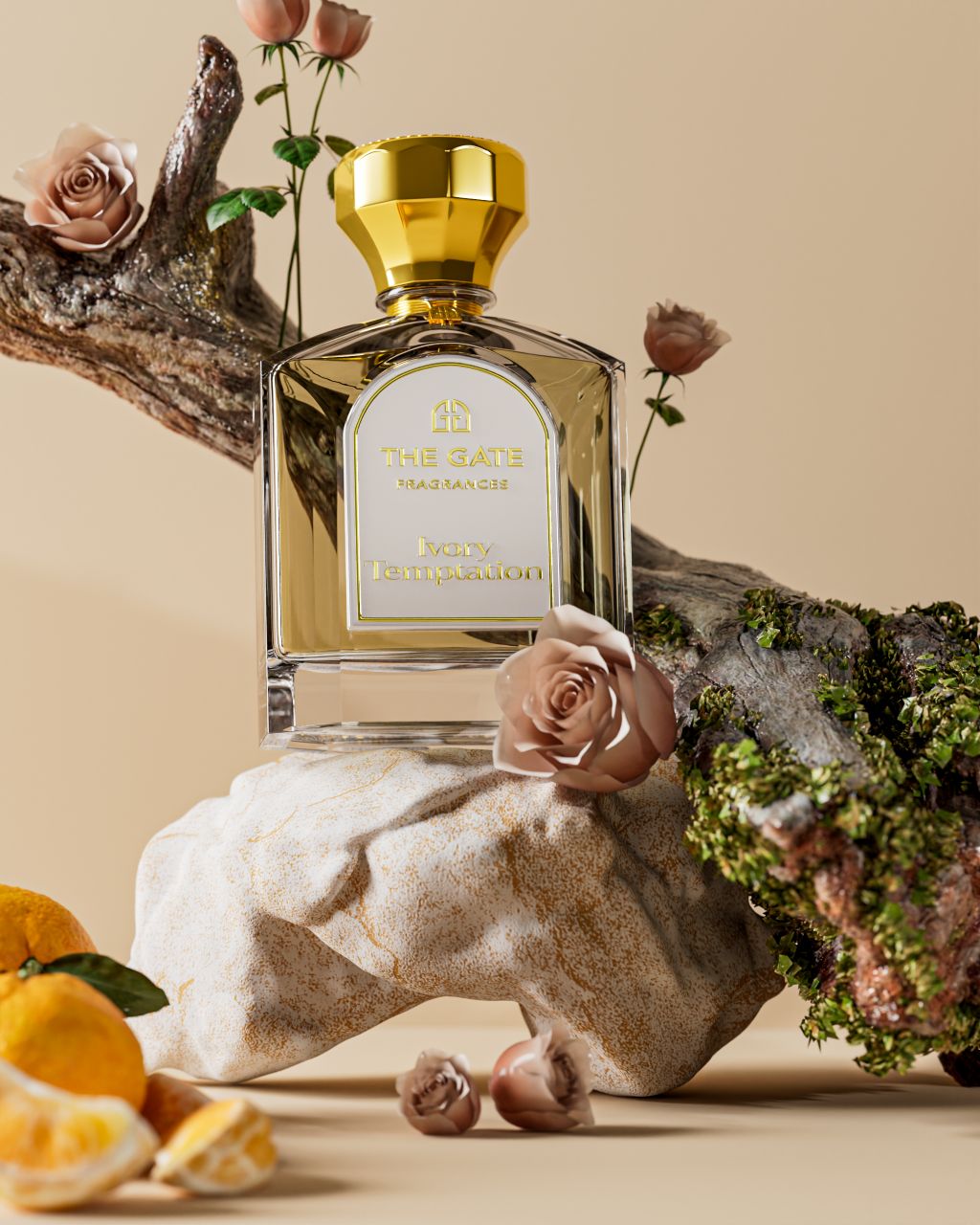 The Gate Ivory Temptation Extrait de Parfum 100 ml – hellgoldener Flakon auf hellem Stein mit Ast, Moos, Rosen und Orangen