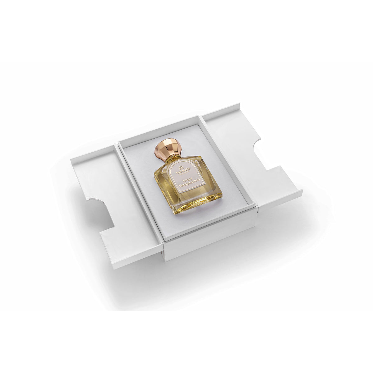 The Gate Ivory Temptation Extrait de Parfum 100 ml – geöffnete weisse Präsentationsbox mit hellgoldenem Flakon