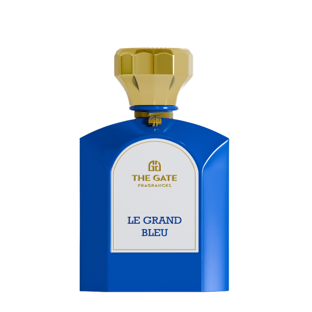 The Gate Le Grand Bleu Extrait de Parfum 100 ml – blauer Flakon mit goldener Kappe und weissem Etikett, freigestellt auf Weiss